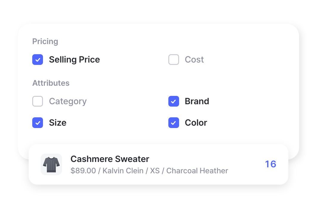 Feldoptionen, gruppiert nach Preisen und Attributen, mit einer Vorschau von „Cashmere Sweater“, die nur die ausgewählten Felder zeigt.