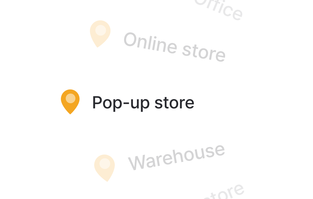 Un pin de ubicación “Tienda temporal” entre otras ubicaciones como “Tienda en línea” y “Almacén”.