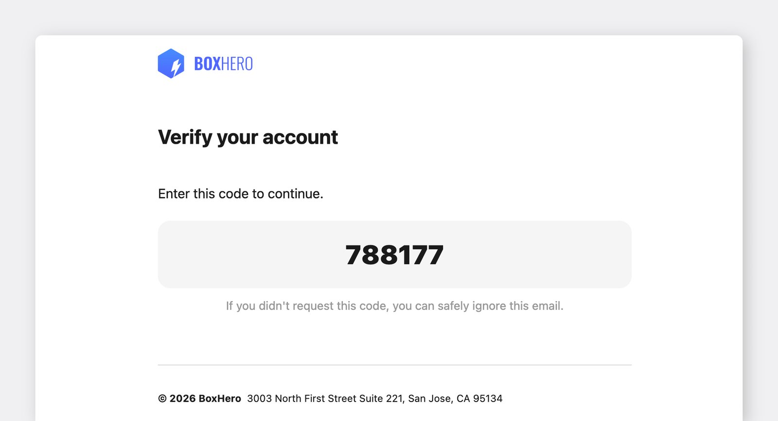 ตัวอย่างอีเมลรหัสยืนยันของ BoxHero