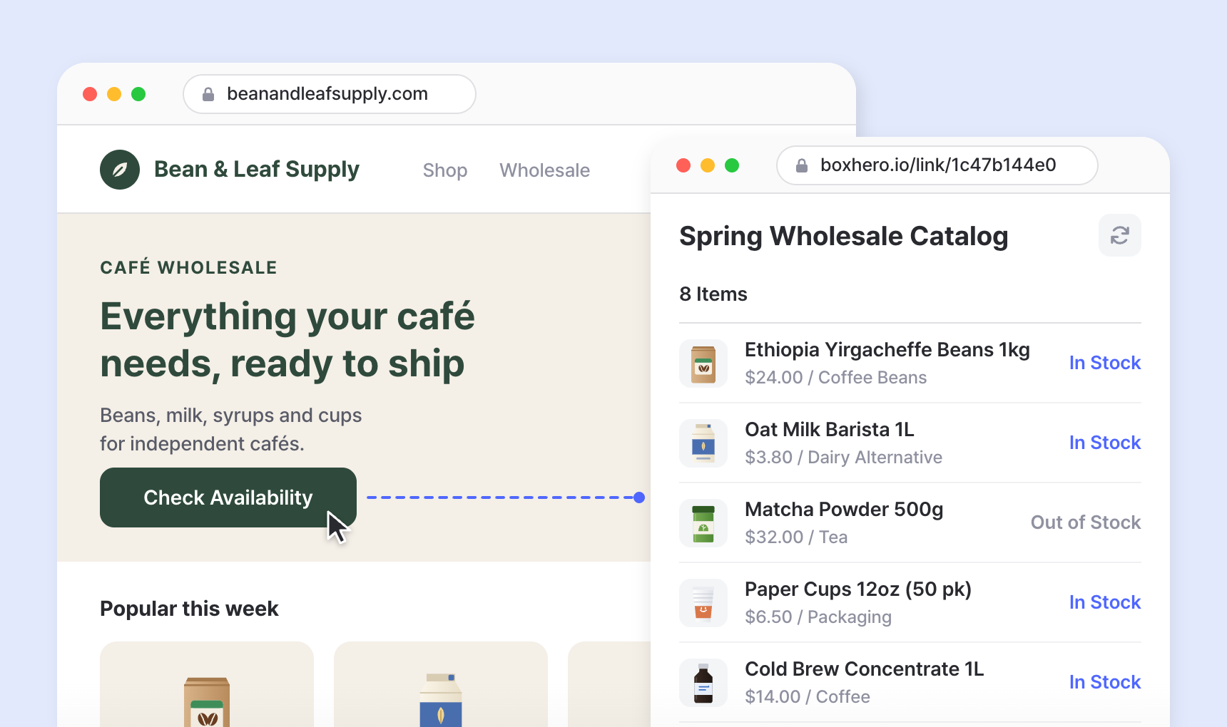 Die Website eines Café-Lieferanten, deren Button „Check Availability“ einen geteilten Bestandslink öffnet, der Artikel als „In Stock“ oder „Out of Stock“ auflistet.